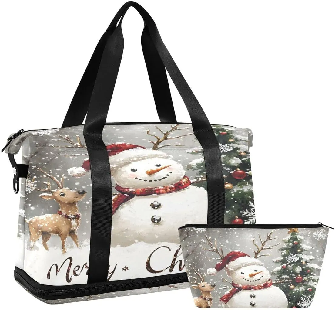 ALAZA Cute Snowman Reindeer Merry Christmas Pine Tree Snowflake Duffel Bag with Shoe Compartment Tote Bag Weekender Overnight Bag with Wet Pocket for Travel,Gym,Yoga,Swimming