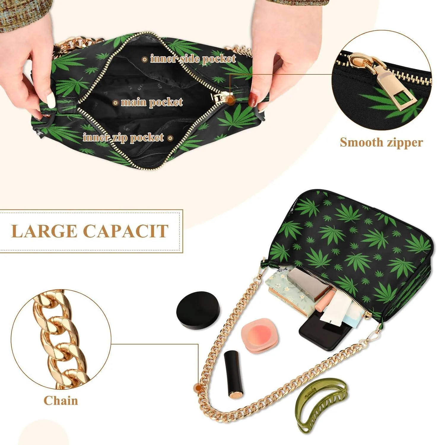 ALAZA Shoulder Handbags for Women Travel Hobo Tote Handbag Women Gold Chain Shoulder Bags Purse with Zipper Closure