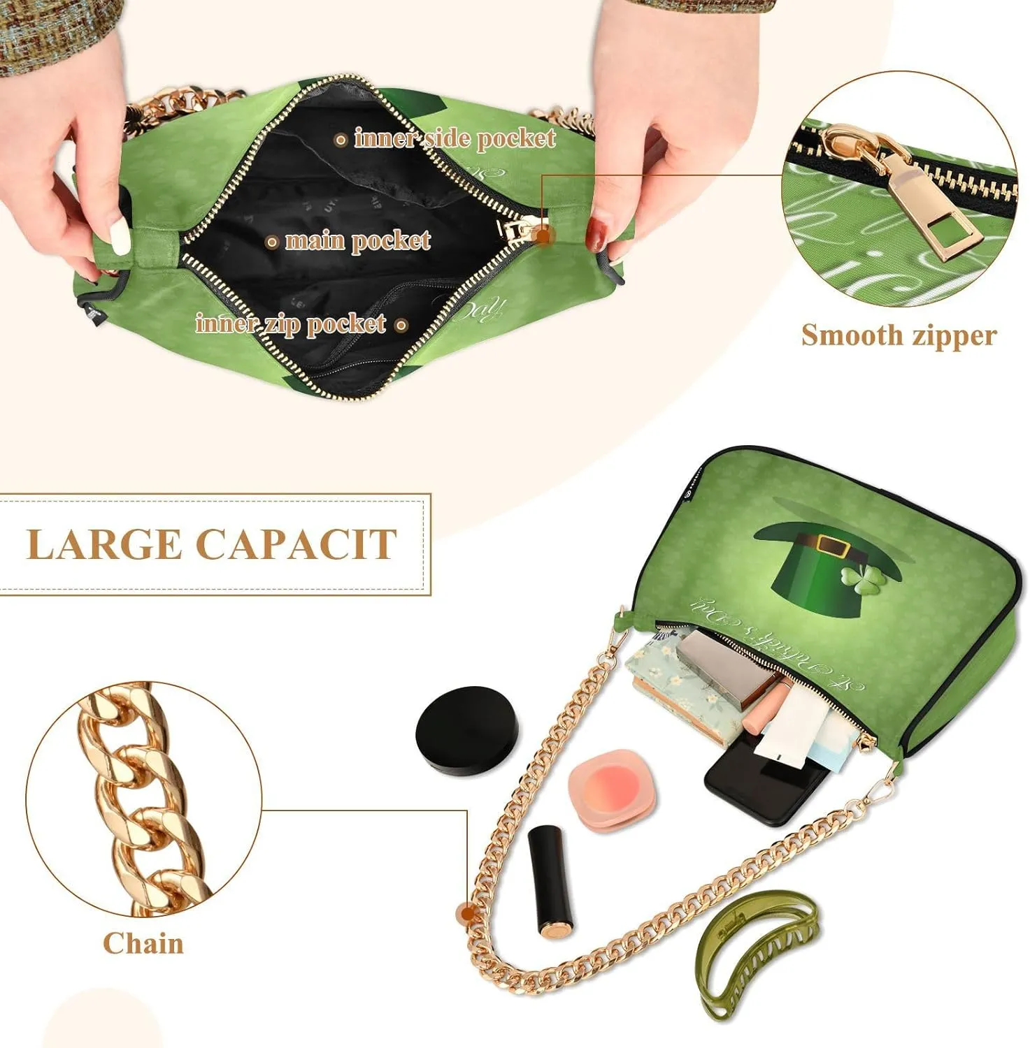 ALAZA Shoulder Handbags for Women Travel Hobo Tote Handbag Women Gold Chain Shoulder Bags Purse with Zipper Closure