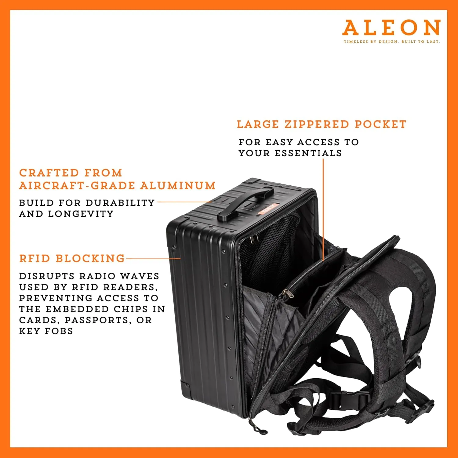 Aleon 17" Hybrid Aluminum Backpack for Men & Women | Fits 15" Laptop | Hard Shell Tech Backpack for Business, Gaming, or Photography (Black)