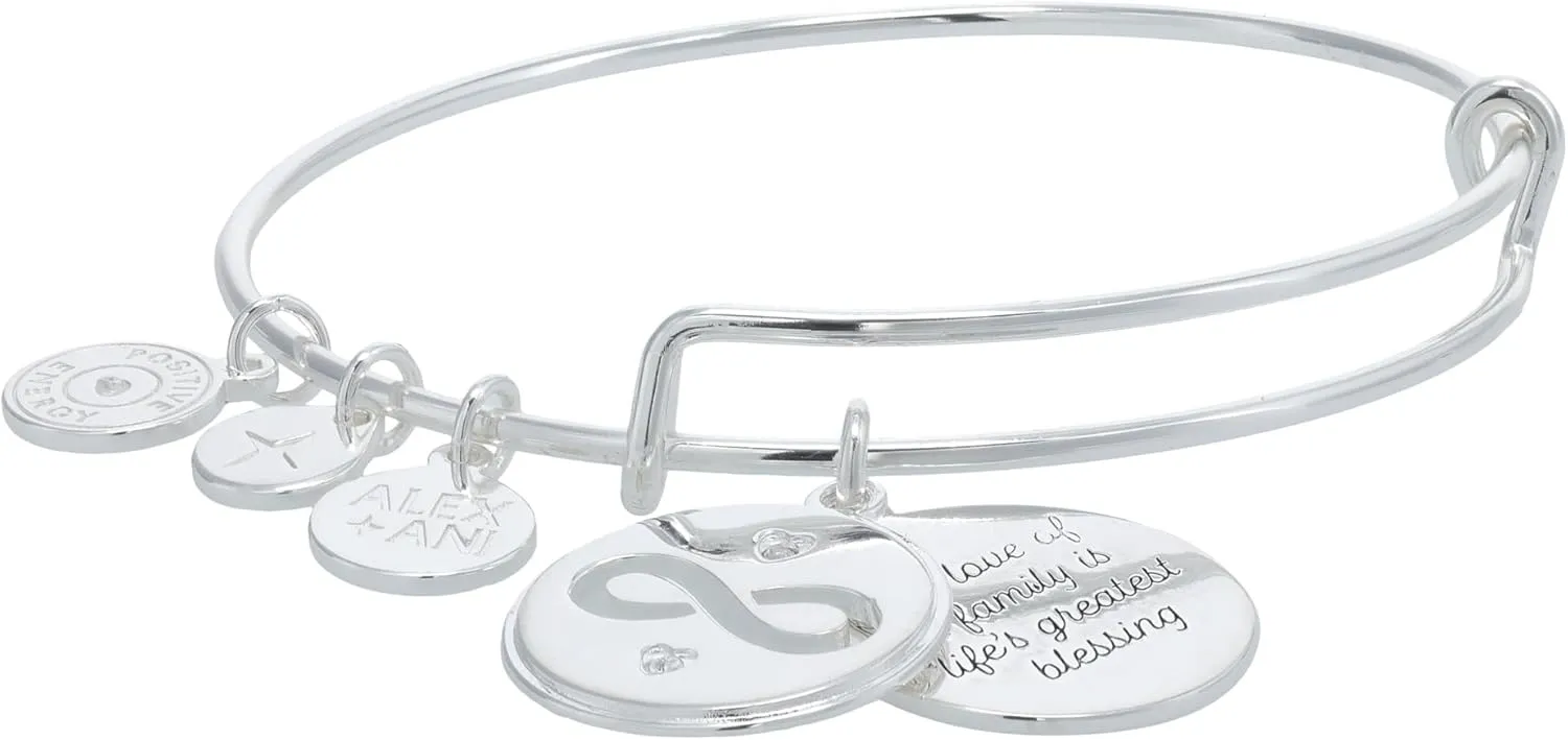 Alex and Ani Family and Infinity Slider Charm Expandable Wire Bangle Bracelet, Shiny Silver Finish, Silver Charm, 2 to 3.5 in