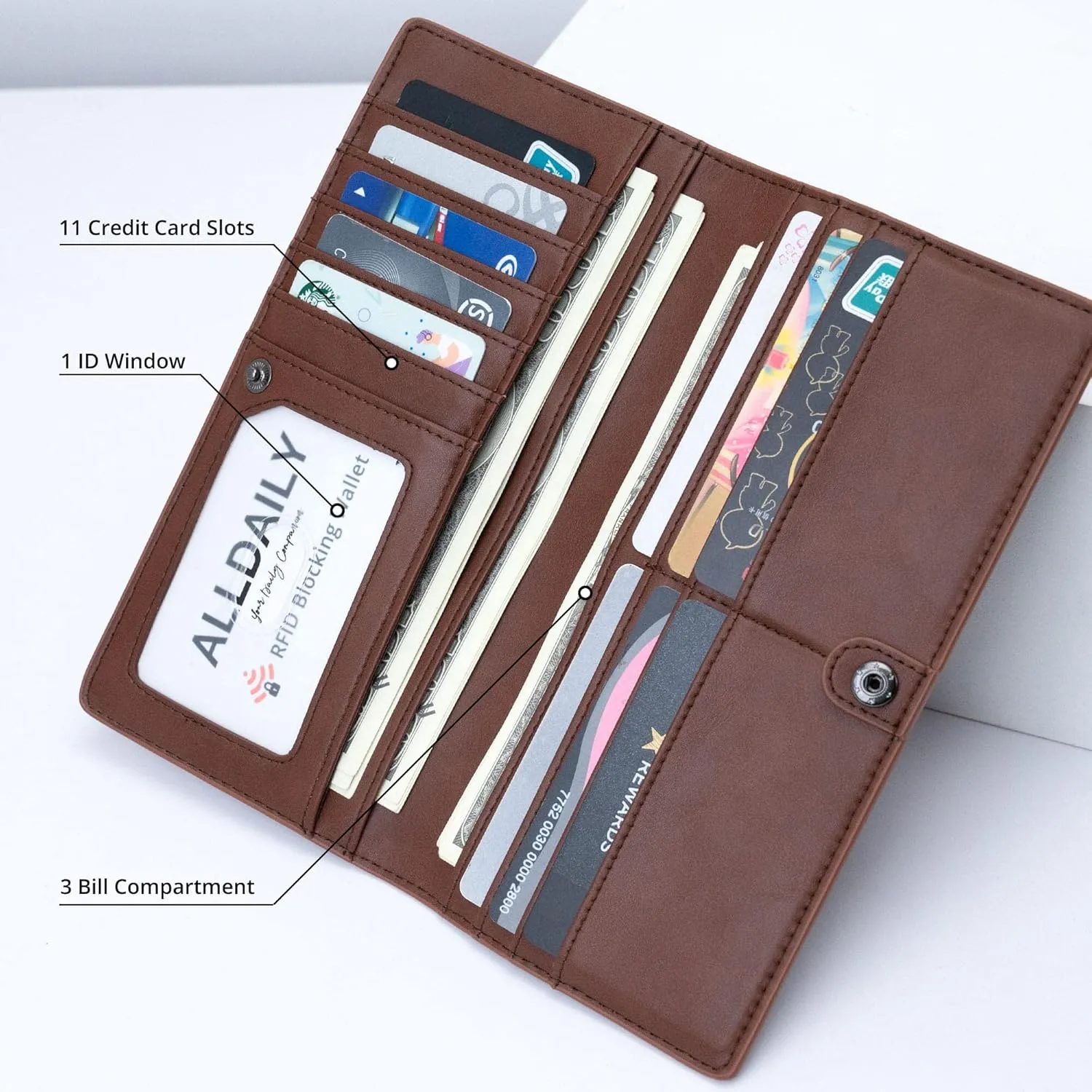 Alldaily Ultra Slim Thin Women Wallet RFID Blocking Credit Card Holder Bifold Long Ladies Billfold (Coffee)