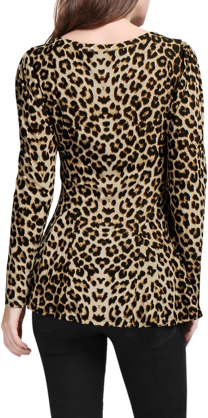Allegra K Women's Animal Print Long Sleeve Ruffle Hem Scoop Neck Casual Peplum Top