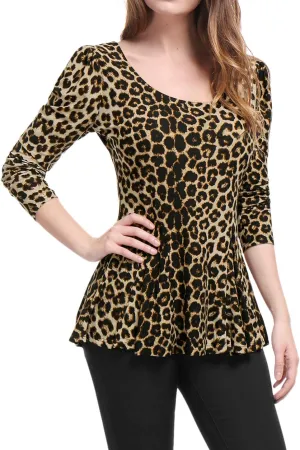 Allegra K Women's Animal Print Long Sleeve Ruffle Hem Scoop Neck Casual Peplum Top