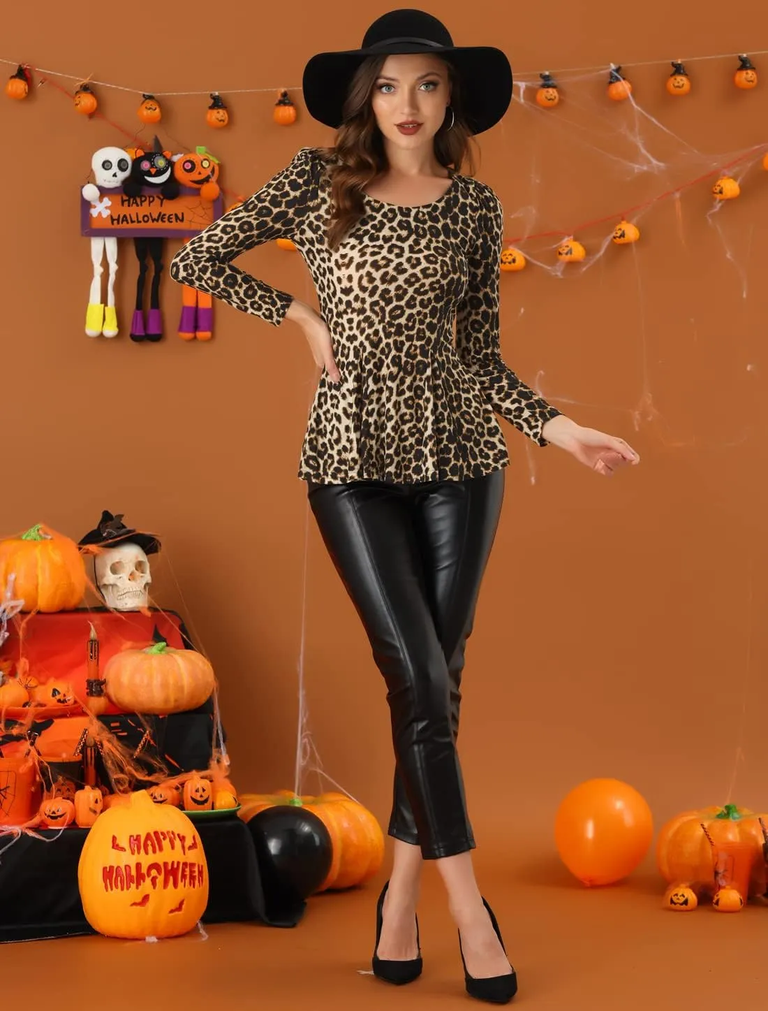 Allegra K Women's Animal Print Long Sleeve Ruffle Hem Scoop Neck Casual Peplum Top