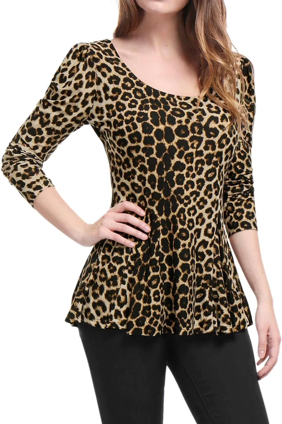 Allegra K Women's Animal Print Long Sleeve Ruffle Hem Scoop Neck Casual Peplum Top