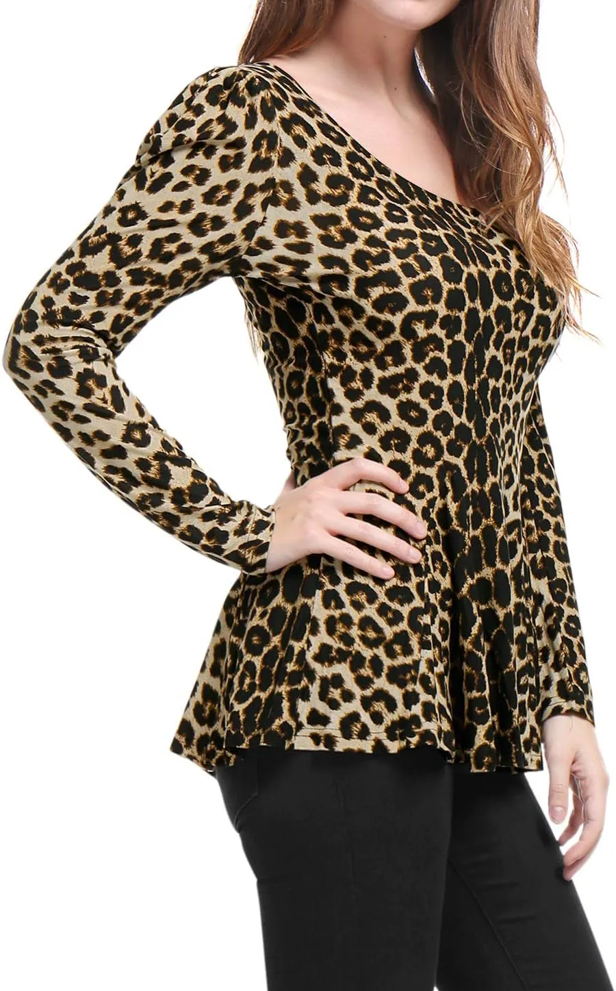 Allegra K Women's Animal Print Long Sleeve Ruffle Hem Scoop Neck Casual Peplum Top