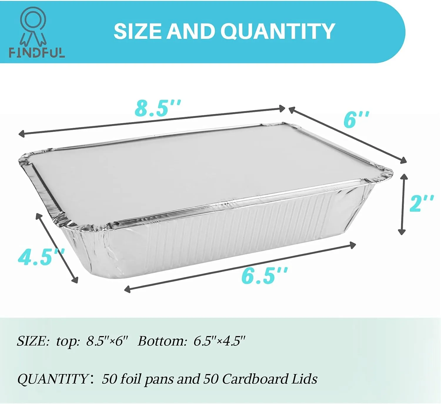 Aluminum Pans with Lids (50-Pack, 8.5"×6") 2.25 LB Capacity Foil Food Containers with Lids - 50 Pans and 50 Cardboard Covers - Disposable Tin Foil Pans - for Baking, Meal Prep and Freezer, Takeout