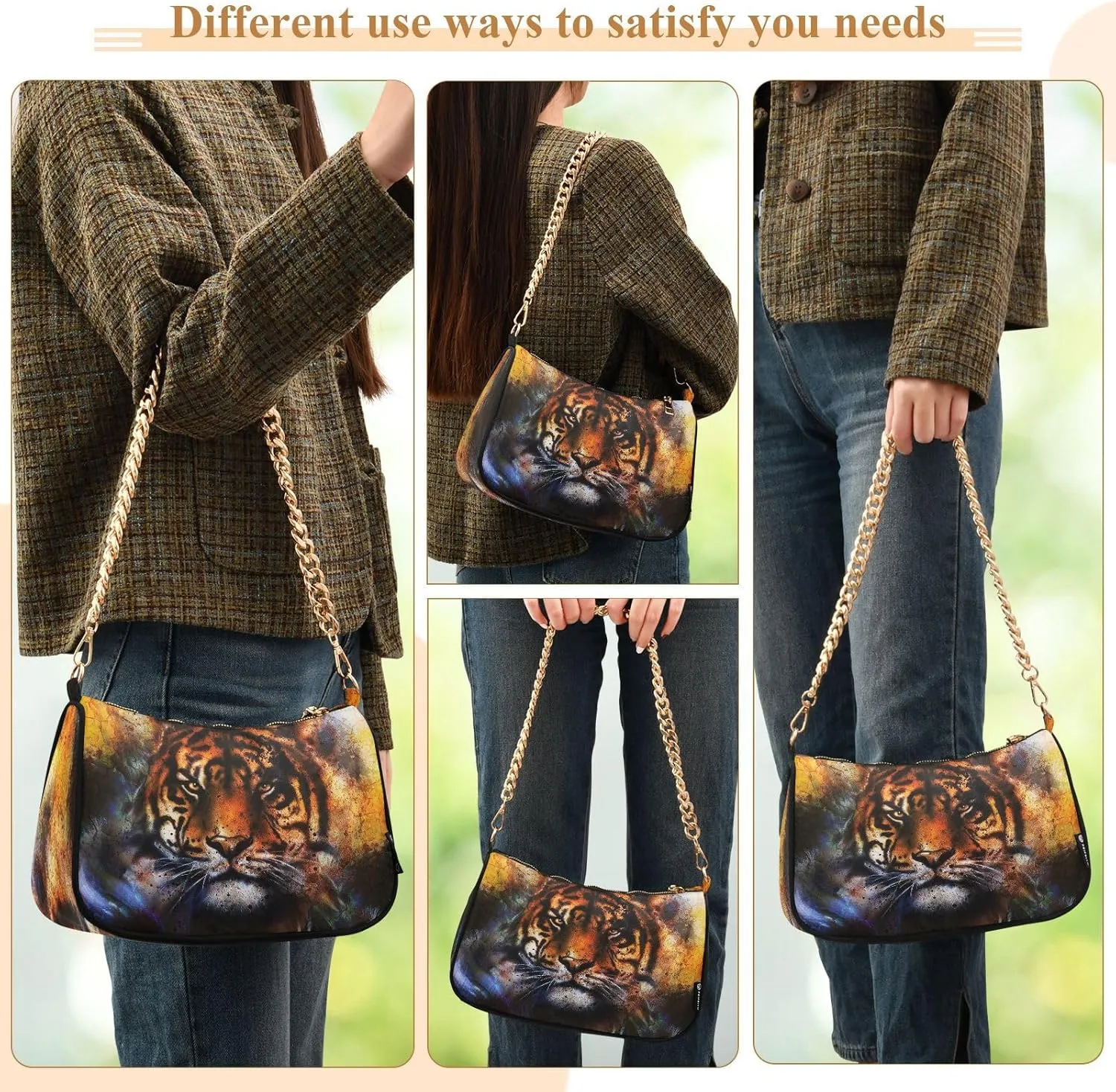 ALZA Shoulder Handbags for Women Travel Hobo Tote Handbag Women Gold Chain Shoulder Bags Purse with Zipper Closure