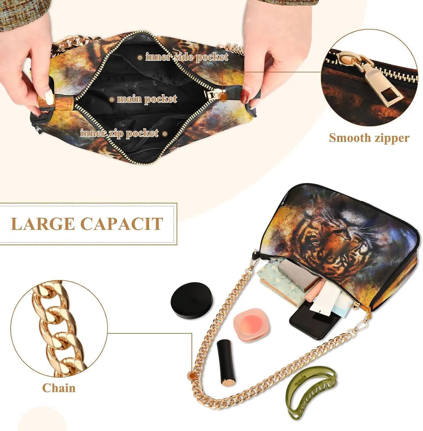 ALZA Shoulder Handbags for Women Travel Hobo Tote Handbag Women Gold Chain Shoulder Bags Purse with Zipper Closure