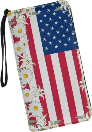 American Flag Daisy Wallet for Women Leather RFID Blocking Design Zip Around Card Holder Organizer Ladies Travel Clutch Wristlet