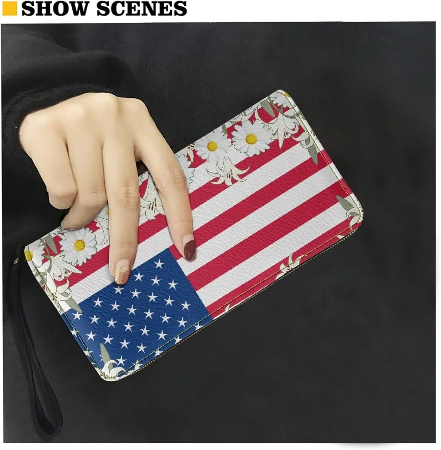 American Flag Daisy Wallet for Women Leather RFID Blocking Design Zip Around Card Holder Organizer Ladies Travel Clutch Wristlet