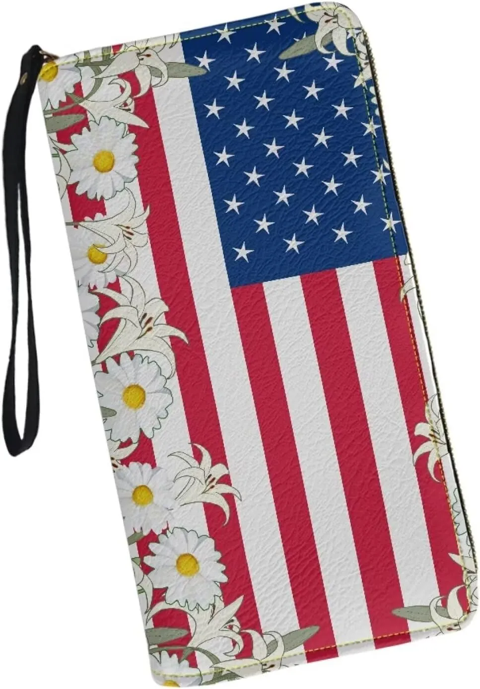 American Flag Daisy Wallet for Women Leather RFID Blocking Design Zip Around Card Holder Organizer Ladies Travel Clutch Wristlet