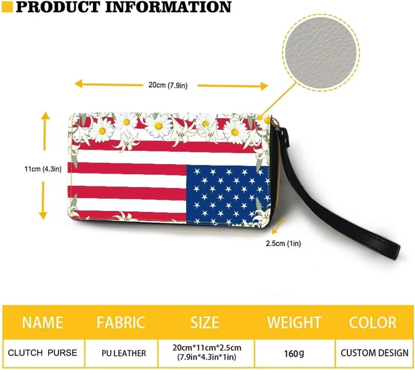 American Flag Daisy Wallet for Women Leather RFID Blocking Design Zip Around Card Holder Organizer Ladies Travel Clutch Wristlet