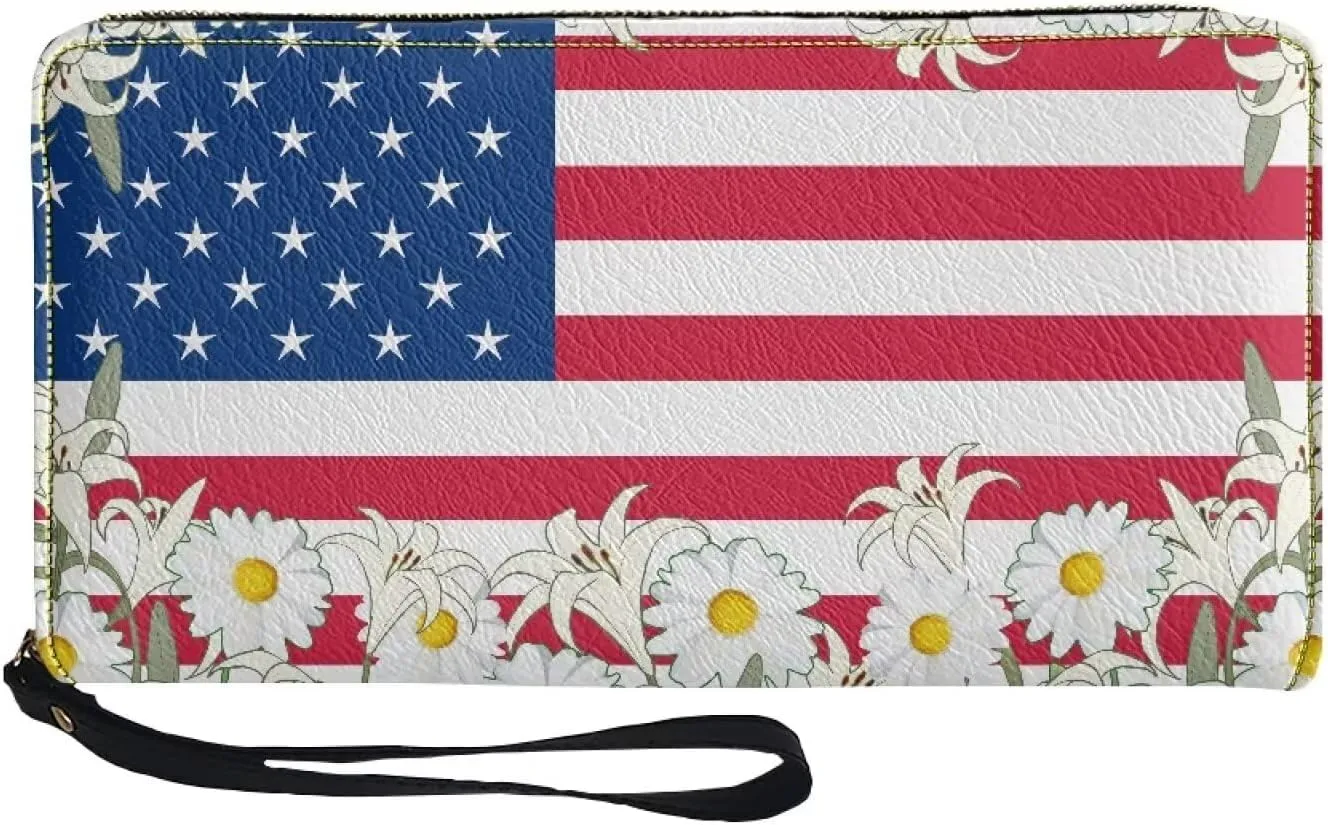 American Flag Daisy Wallet for Women Leather RFID Blocking Design Zip Around Card Holder Organizer Ladies Travel Clutch Wristlet