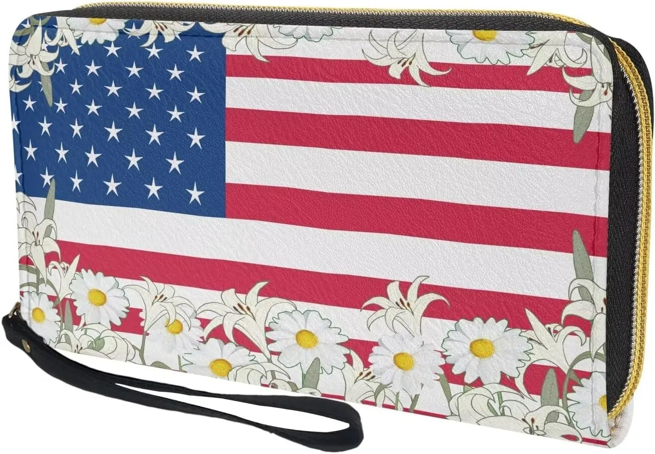 American Flag Daisy Wallet for Women Leather RFID Blocking Design Zip Around Card Holder Organizer Ladies Travel Clutch Wristlet