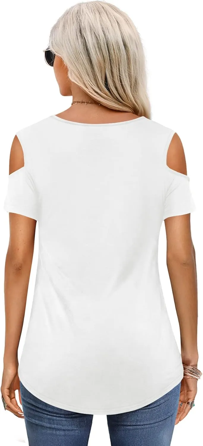 Amoretu Womens Short Sleeve Cold Shoulder Basic Tee Tops Shirts