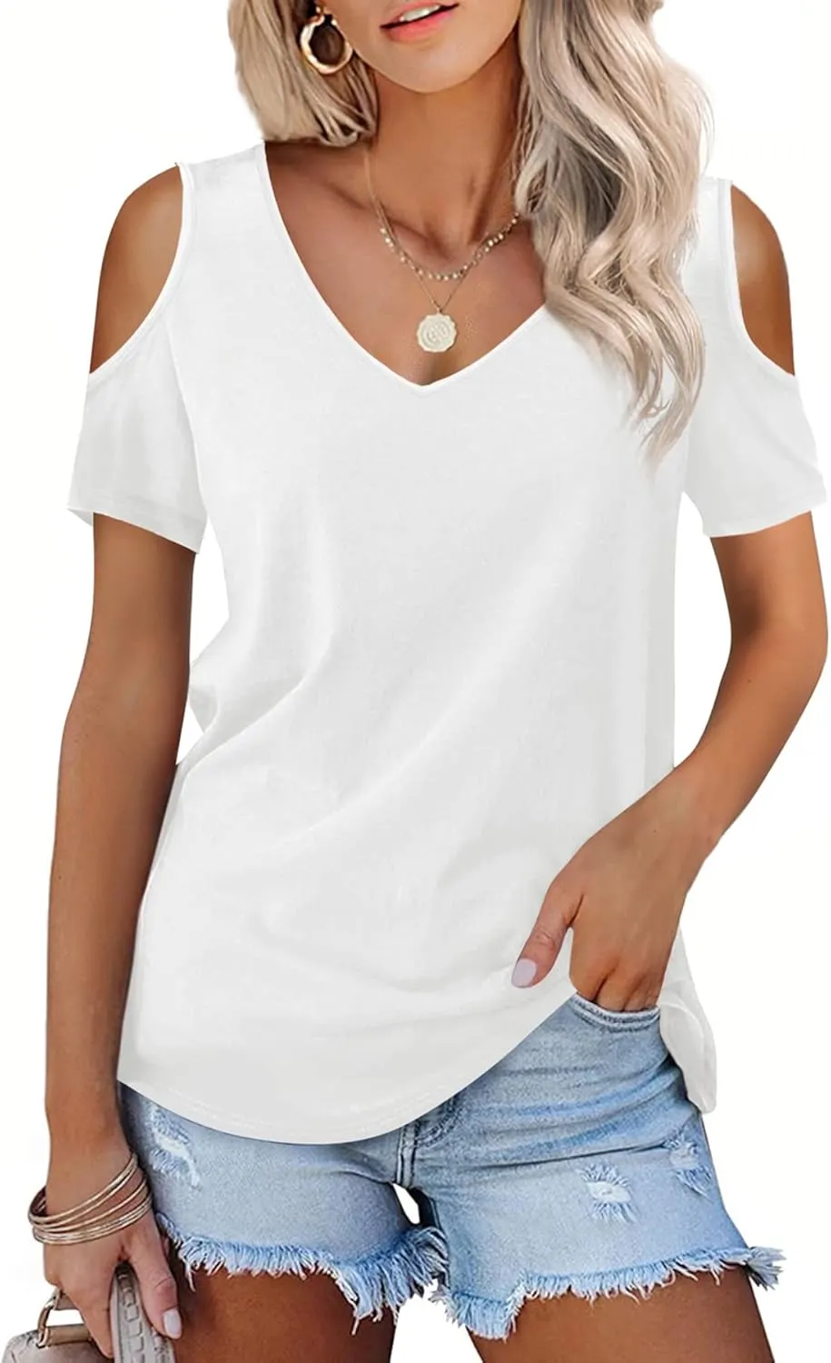 Amoretu Womens Short Sleeve Cold Shoulder Basic Tee Tops Shirts