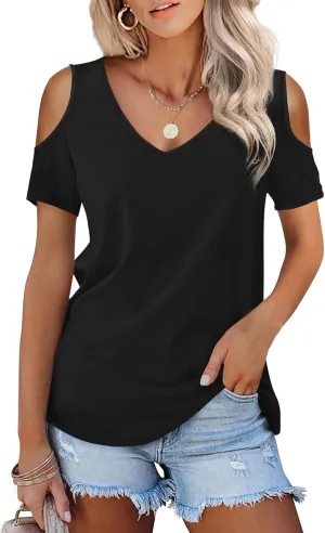 Amoretu Womens Short Sleeve Cold Shoulder Basic Tee Tops Shirts