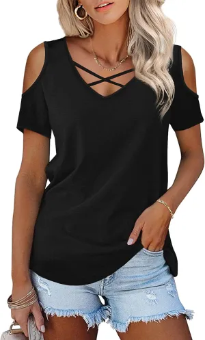 Amoretu Womens Summer Shirts V Neck Criss Cross Cold Shoulder Tops Blouse