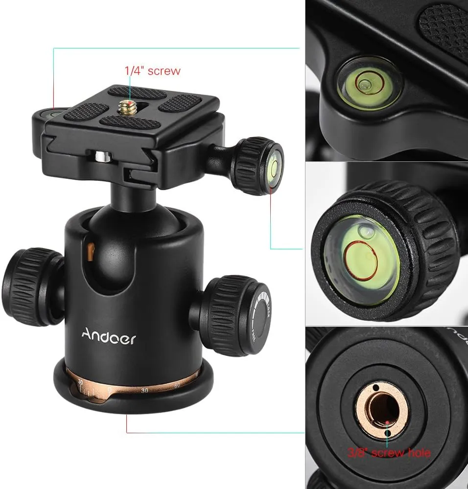 Andoer Tripod Ball Head, 360 Degree Rotating Panoramic Ball Head with Quick Release Plate 1/4 to 3/8 Screw Adapter Max 8kg/17.64lbs for Tripod Monopod Slider DSLR Camera