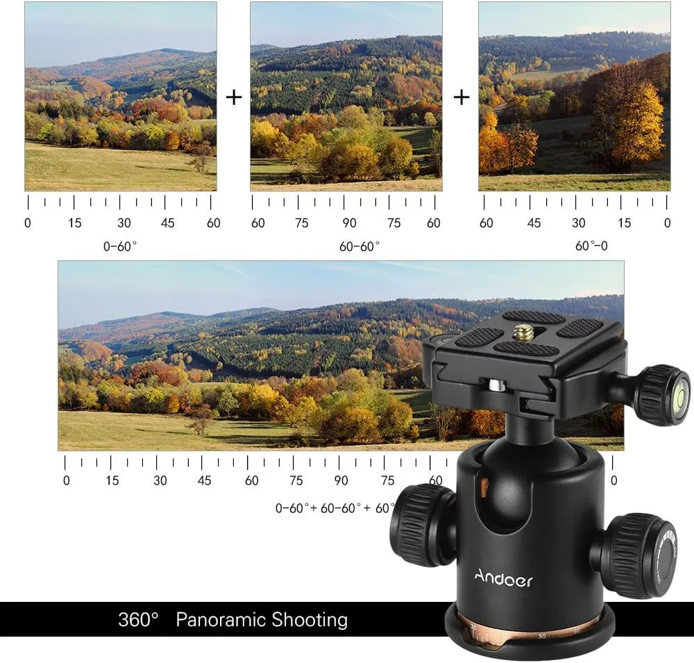 Andoer Tripod Ball Head, 360 Degree Rotating Panoramic Ball Head with Quick Release Plate 1/4 to 3/8 Screw Adapter Max 8kg/17.64lbs for Tripod Monopod Slider DSLR Camera