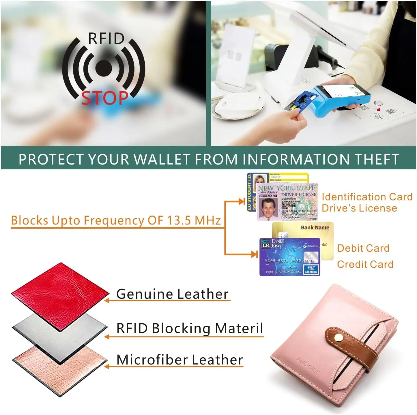 ANDOILT Wallets for Women Genuine Leather Small Bifold Wallet RFID Blocking Card Case Purse with ID Window Coin Pocket