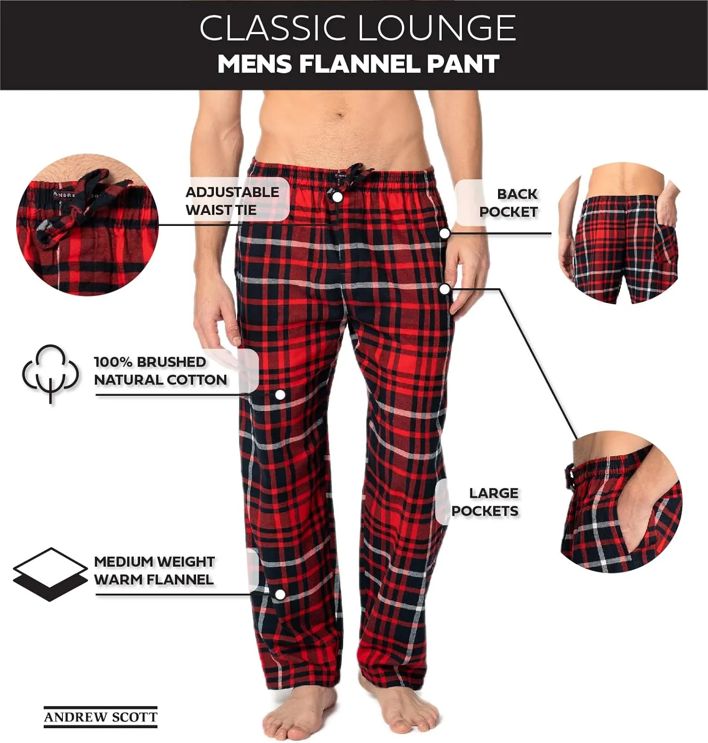 Andrew Scott Men's 4 Pack Cotton Flannel Pajama Sleep Pant | Drawstring Lounge Pants