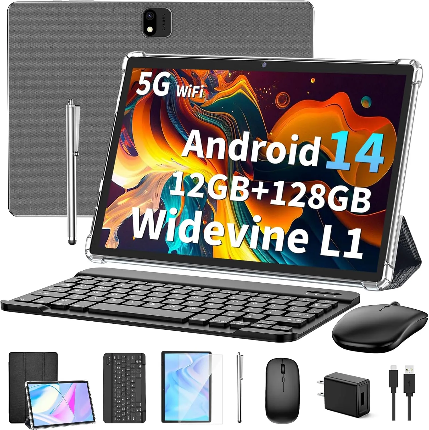 Android 14 Tablet with Keyboard, 12GB RAM (6 6), 128GB Storage, 1TB Expandable, 8000mAh Battery, 10 Inch 2-in-1 Tablets, Includes Case, Mouse & Stylus（Black）