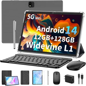 Android 14 Tablet with Keyboard, 12GB RAM (6 6), 128GB Storage, 1TB Expandable, 8000mAh Battery, 10 Inch 2-in-1 Tablets, Includes Case, Mouse & Stylus（Black）