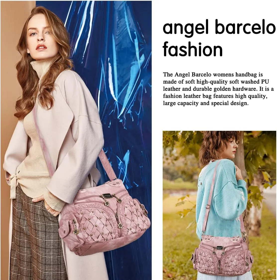 Angel Barcelo Purses and Handbags Women Tote Shoulder Top Handle Satchel Hobo Bags Fashion Washed PU Leather Purse