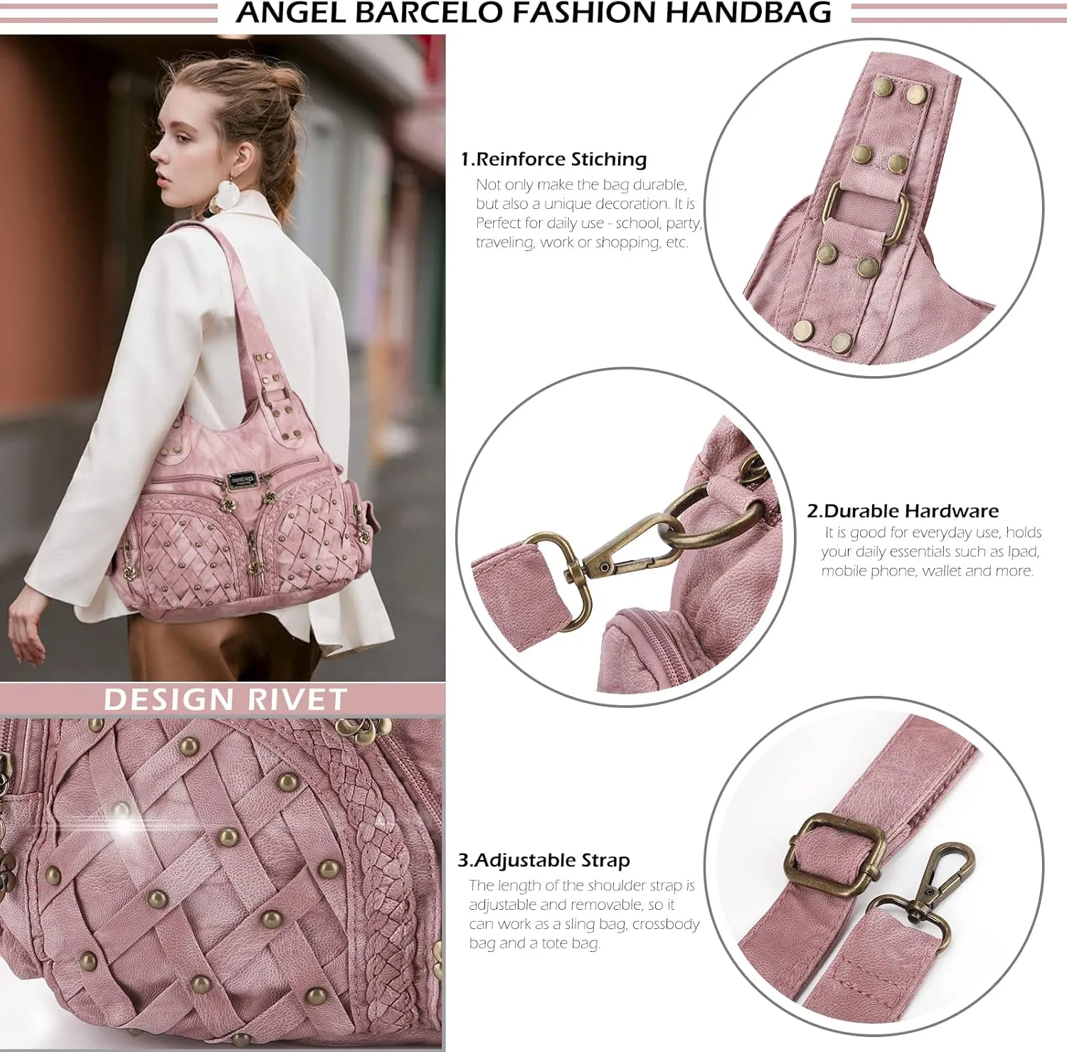 Angel Barcelo Purses and Handbags Women Tote Shoulder Top Handle Satchel Hobo Bags Fashion Washed PU Leather Purse