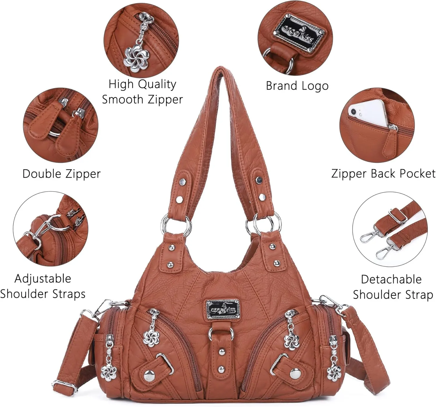 Angel Kiss Purses for Women Small Hobo Shoulder Bags Vagen Leather Multi-Pocket Tote Bag with Zipper