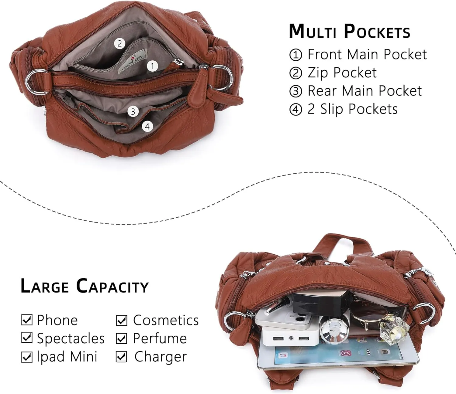 Angel Kiss Purses for Women Small Hobo Shoulder Bags Vagen Leather Multi-Pocket Tote Bag with Zipper