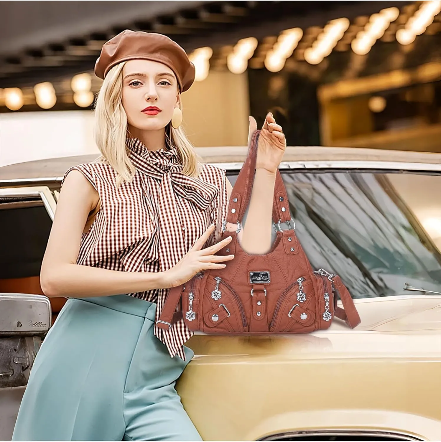 Angel Kiss Purses for Women Small Hobo Shoulder Bags Vagen Leather Multi-Pocket Tote Bag with Zipper