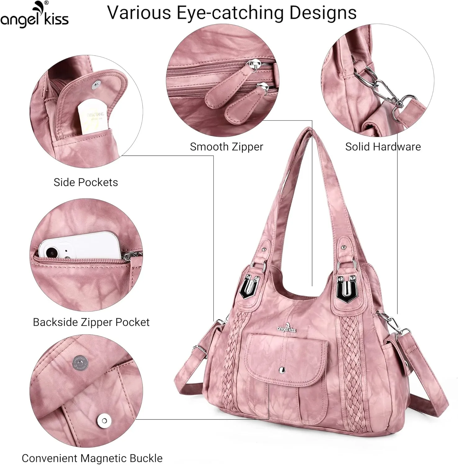 Angelkiss Purses and Handbags for Women Washed Vegan Leather Crossbody Hobo Satchel Shoulder Tote Purse