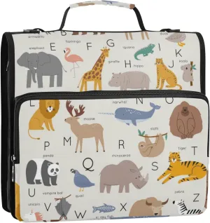 Animals Alphabet Elephant Flamingo Giraffe Cartoon Zipper Binder, 1.5 inch 3 Ring Binder Organizer Bag with Shoulder Strap and Handle, 500 Sheet Capacity
