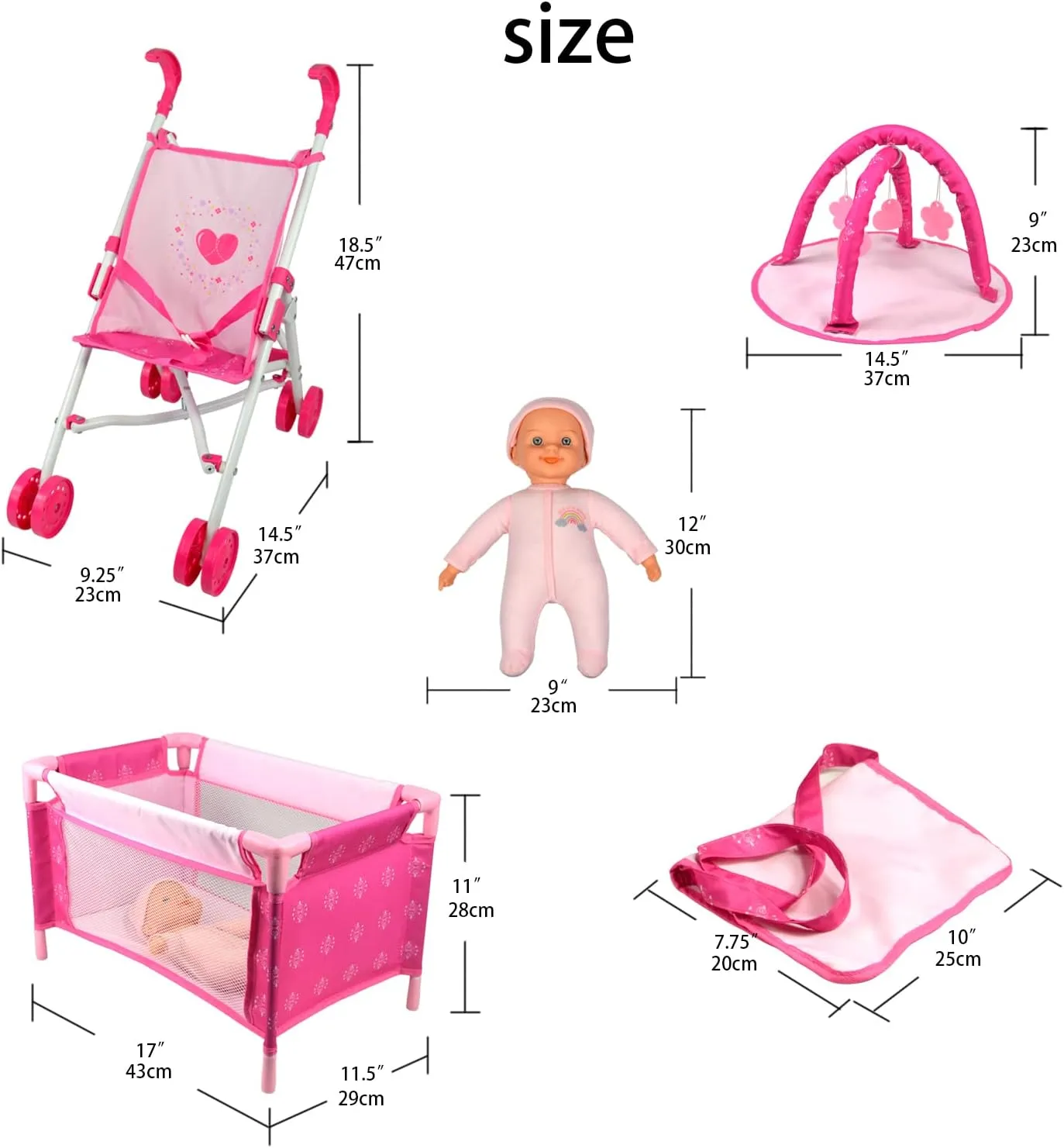 ANIVIA Baby Doll Stroller Set - Includes Stroller, Crib, Play Mat, Feeding Toy, Diaper Bag - Nursery Role Play Set (11" Doll Included)