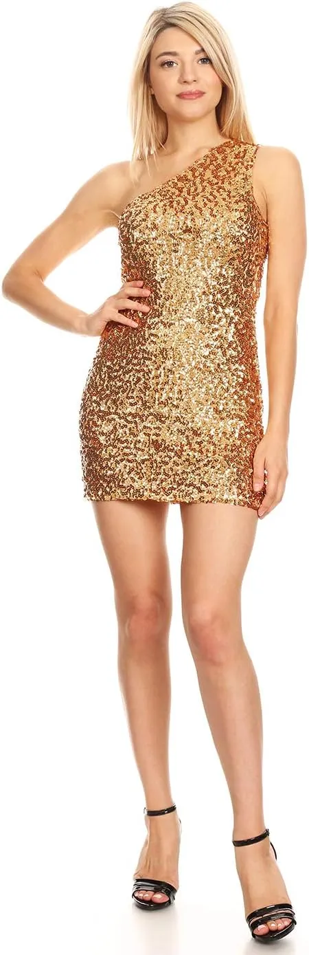 Anna-Kaci Women's One Shoulder Sparkle Sequin Stretchy Cocktail Club Mini Dress