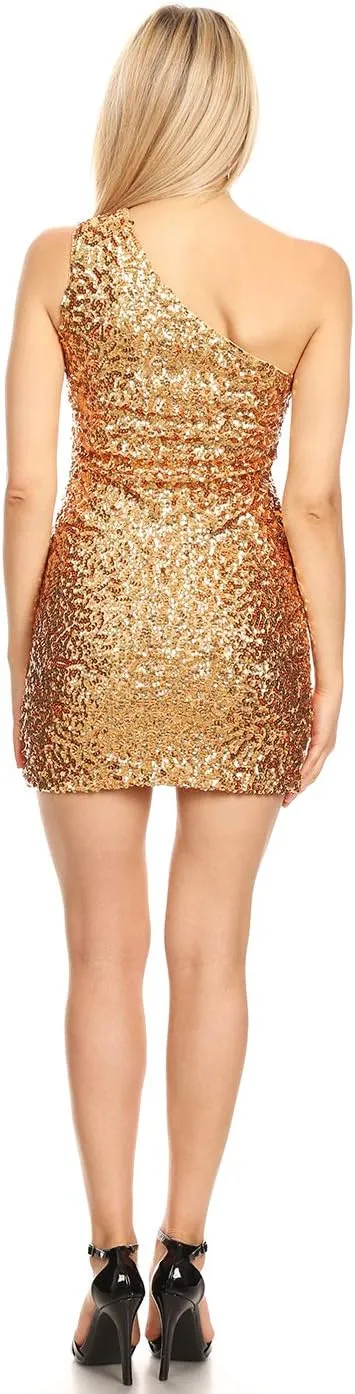 Anna-Kaci Women's One Shoulder Sparkle Sequin Stretchy Cocktail Club Mini Dress