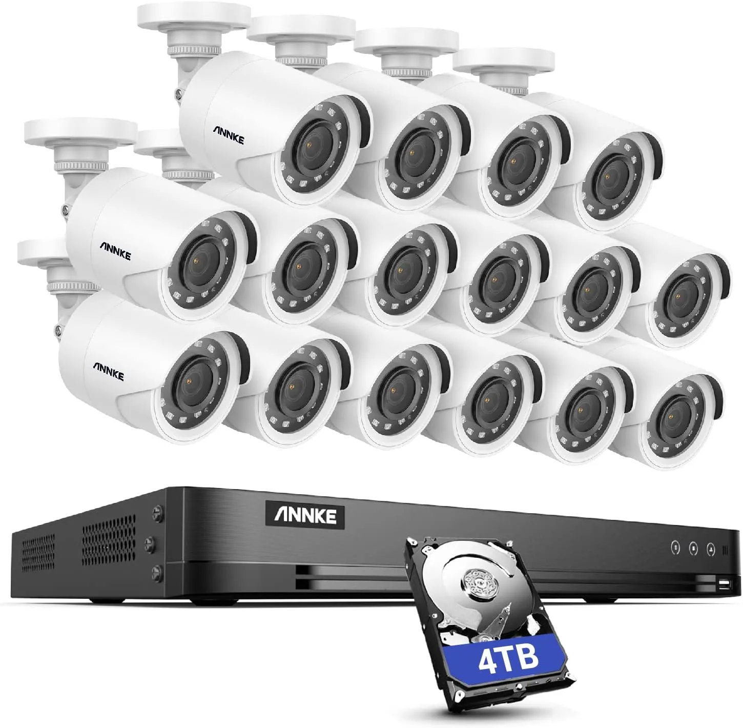 ANNKE Security Camera System 32 Channel 3K Lite AI DVR with Human/Vehicle Detection, 16pcs 1080P Surveillance CCTV Camera, Quick QR Code Scan and Easy Remote View, Smart Playback, 4 TB Hard Drive