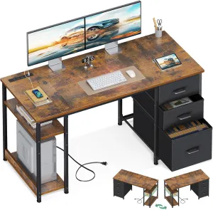 AODK 51 Inch Computer Desk with Fabric Drawers & USB Power Outlets, Reversible Home Office Desk with Storage Shelves, Work from Home, Modern Work/Writing/Study Table for Bedroom, Vintage