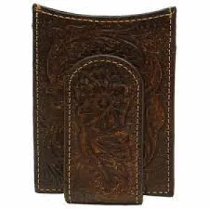 Ariat Men's Floral Embossed Dark Brown Leather Money Clip Card Case