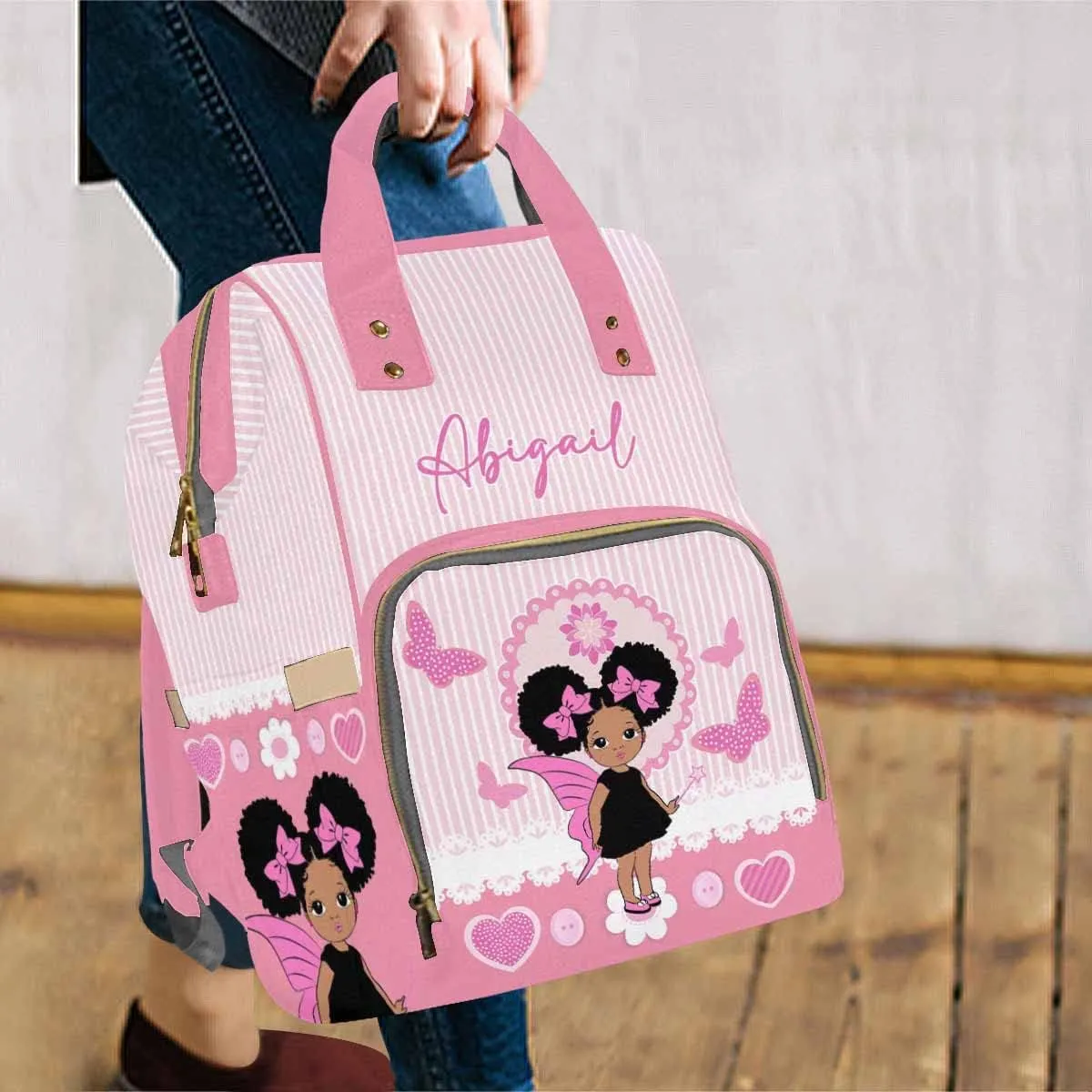 Artsadd Custom Name Diaper Bags Multifunction Backpack, Pink Stripe Love Travel Back Pack Customized Large Capacity Mommy Nappy Baby Bag for Outdoor Shopping Travel