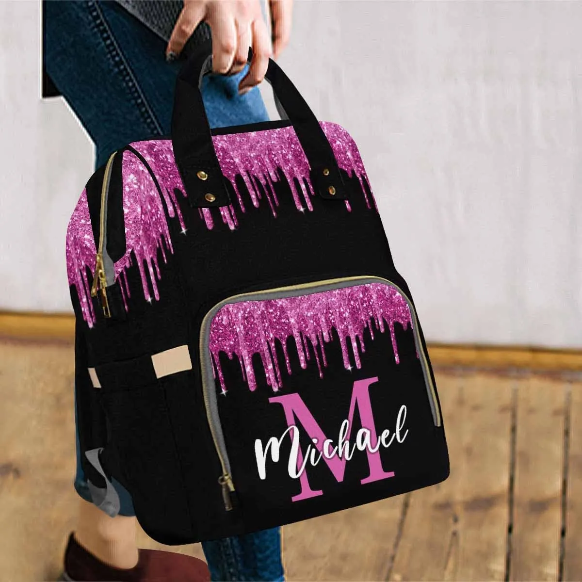 Artsadd Customized Diaper Bag with Name, Custom Pink and Black Diaper Backpack for Mom Personalized Mommy Nursing Bags Casual Backpack for Women Mother's Day