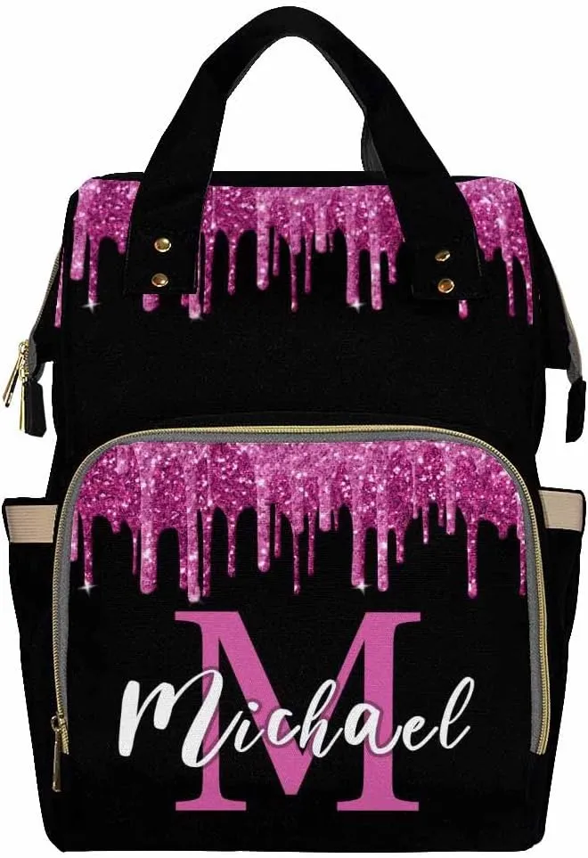 Artsadd Customized Diaper Bag with Name, Custom Pink and Black Diaper Backpack for Mom Personalized Mommy Nursing Bags Casual Backpack for Women Mother's Day