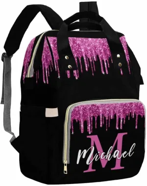 Artsadd Customized Diaper Bag with Name, Custom Pink and Black Diaper Backpack for Mom Personalized Mommy Nursing Bags Casual Backpack for Women Mother's Day