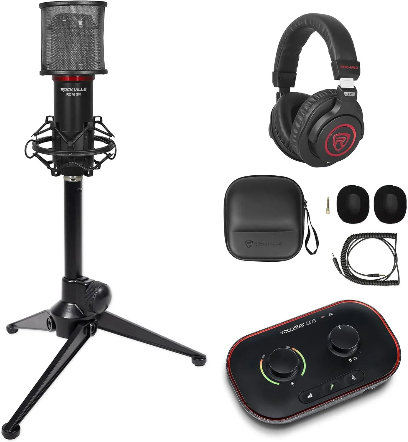 Audiosavings Bundle: Focusrite Vocaster One Recording Interface Bundle with Rockville PRO-M50 SR Studio Headphones, Rockville RCM SR Microphone Mic & Rockville RDTS Microphone Stand Mic Clip (4 Items)
