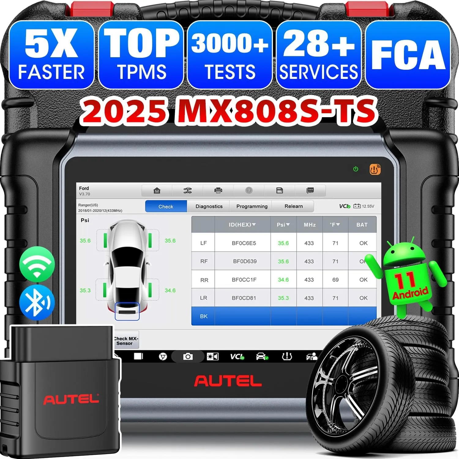 Autel MaxiCheck MX808S-TS Scanner: 2025 Same as MX900-TS TS900, US Ver. of MaxiCOM MK808S-TS MK808Z-TS Upgrade of MK808S MK808Z, Top TPMS Programming Tool, 3000  Active Test, 28  Service, 11 OS, FCA