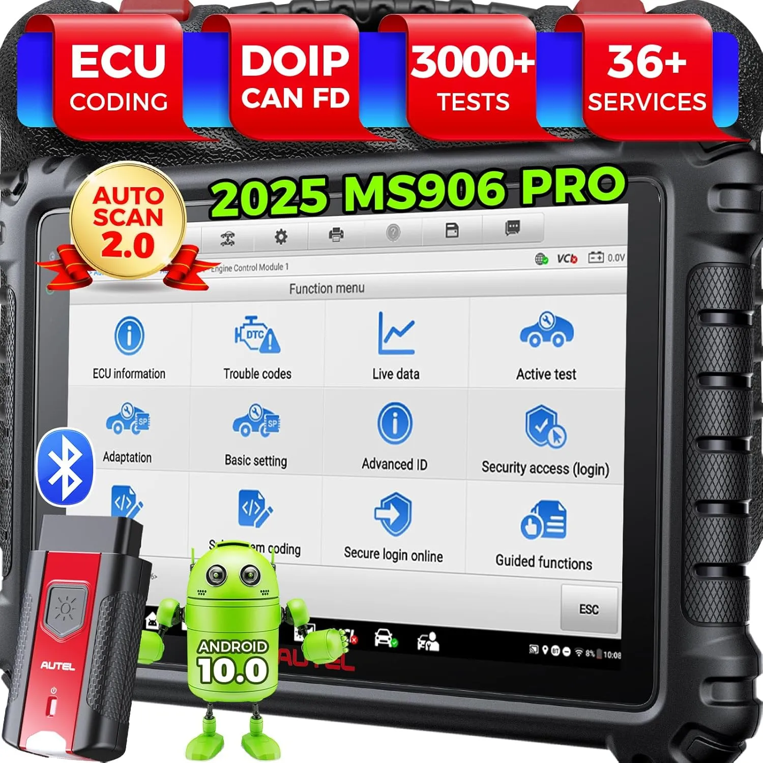 Autel MaxiSYS MS906 PRO Scanner: 2025 MS906Pro V2.0 Same as MS906 MAX Up of MS906BT MP900BT MK908 MS908, Pro ECU Coding, CAN FD DoIP, 36  Resets, Bidirectional 3K  Tests, All Sys, Auto Scan 2.0, FCA